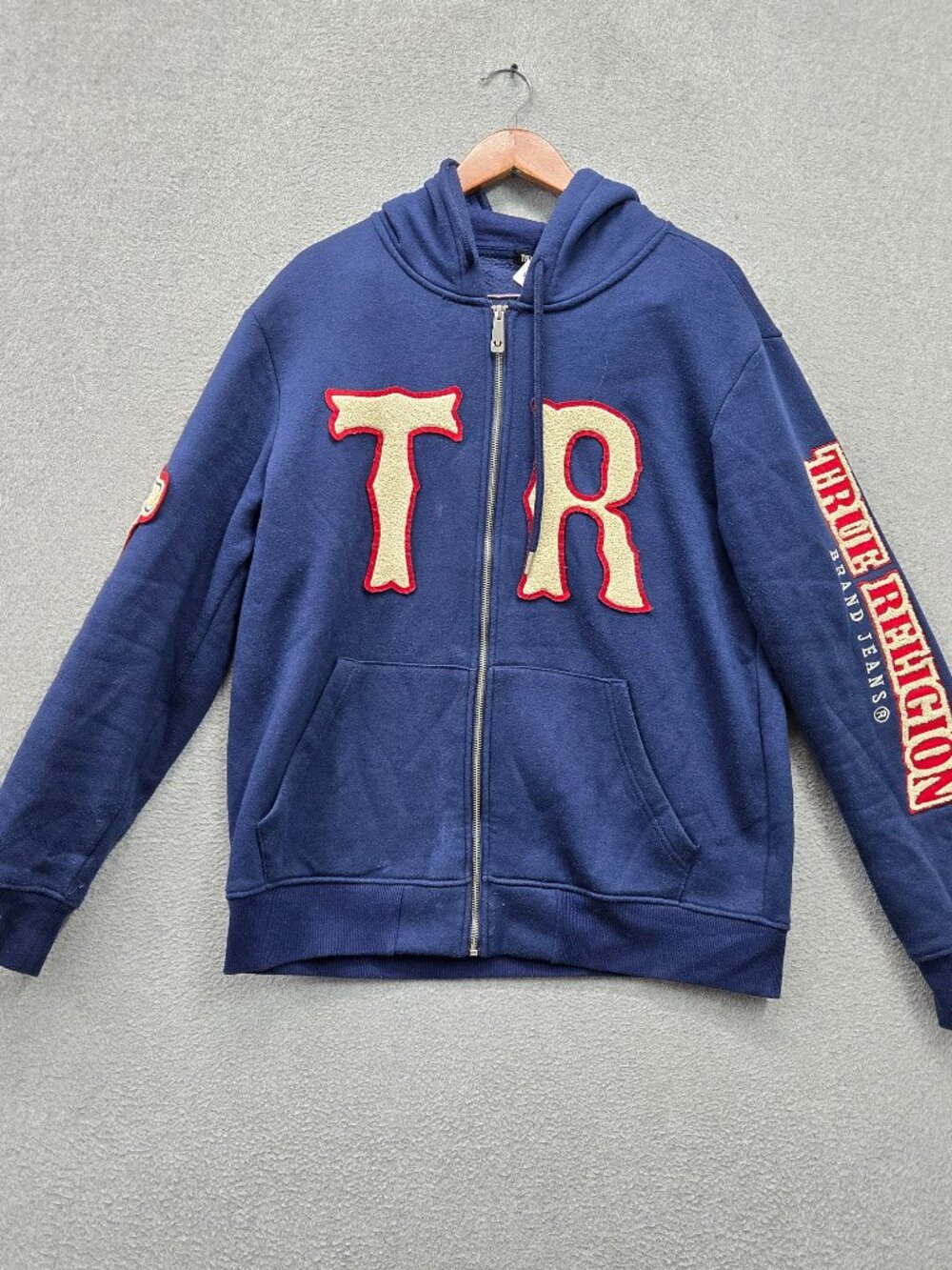 True‎ Religion Men Hoodie Large Blue Chenille Embroidered Buddha Logo Fleece